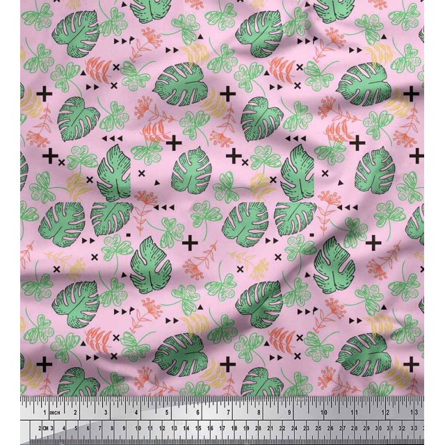 Soimoi Cotton Poplin Fabric Geometric Sign,Clover & Monstera Leaves Printed Fabric 1 Yard 56 Inch Wide