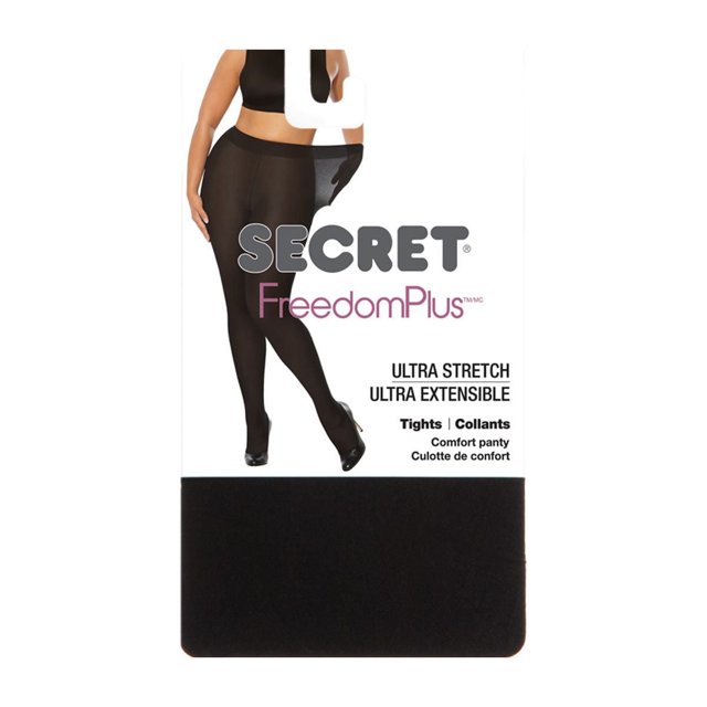 Secret® Freedom Plus Collants Ultra Extensibles 1 Paquet Montrés sur un Modèle Grande Taille Portant des Collants Noirs Semi-Opaques avec une Taille Ultra Extensible et une Culotte de Confort, Démontrant l'Élasticité du Tissu en Tirant la Ceinture vers l'Extérieur, Faits de nylon et d'Élasthanne, Convenant aux Bas pour Femmes Grande Taille et Réduisant les Frottements.