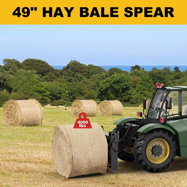 AKDSteel Lance-Foin de 49 Pouces, Lances à Balles Capacité de 4500 Lb, Accessoire de Chargeuse-Driveuse Tracteur avec 2 Pcs Lances Stabilisatrices de 17 Pouces, Fourches à Balles Enduites Rouges pour Seaux Tracteurs Chargeurs