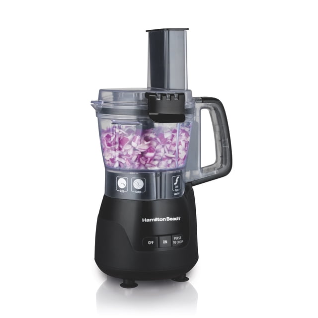 Hamilton Beach Stack & Snap 4-Cup Food Processor & Blender in black with a clear 4-cup leak-resistant bowl containing chopped red onions, featuring a stainless steel quad blade, pulse control, and easy Stack & Snap assembly with a wide feed chute and pour spout for efficient food preparation.