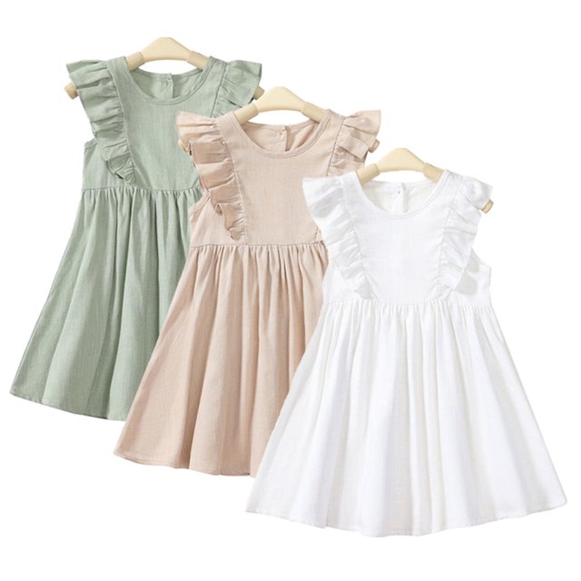 KYAIGUO Robes en Coton et Lin à Volants pour Bébés Filles Été Sans Manches Robe Décontractée Robe d'Été Couleur Unie Lin Coton pour 2-6 Ans