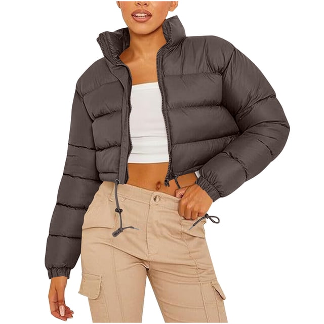 hoksml Women's Cropped Puffer Jacket with Drawstring Hem, Stand Collar Boxy Zip Front Casual Streetwear Short Jacket