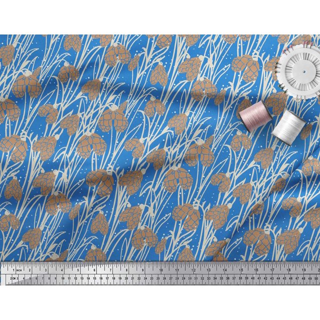 Soimoi Blue Satin Silk Fabric Dot & Flower Hand Drawn Print Fabric by Yard 42 Inch Wide