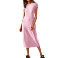 thumbnail image 2 of Ovzne Robes pour Femmes Robe d'Été Robe Décontractée Col Rond Couleur Unie Longue Robe Manches Courtes Col Rond Robe Maxi Grande Taille Manches Courtes Liquidation, 2 of 7