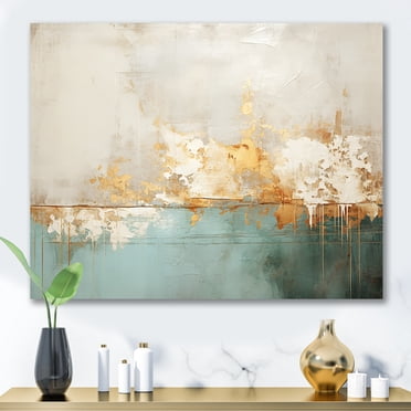 Designart - Abstract Printed Wall Art, Abstract Wall Art, The Minimalistic Horizon in Gold and Teal I, Gold Large Canvas Wall Art, 32x24 inches