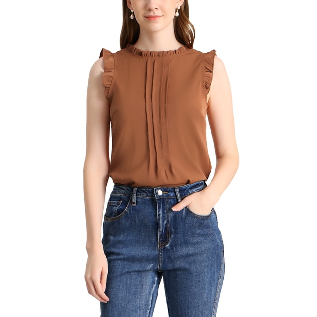 INSPIRE CHIC Women's Sleeveless Work Blouses Ruffled Pleated Chic Tops Brown L