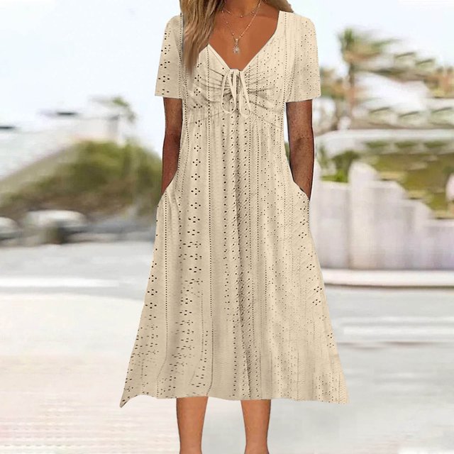 Ovzne Robes pour Femmes 2025 Robe pour Femme Robe Décontractée et Tendance pour Femme Couleur Unie à Manches Courtes Col en V Taille à Nouer Robe avec Poches Robe de Vacances à Manches Courtes Liquidation