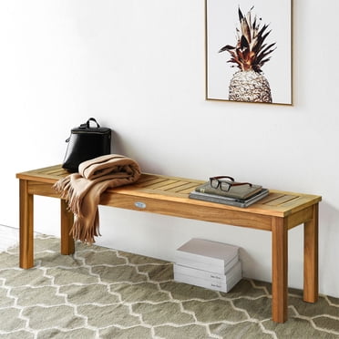 Gymax Acacia Wood Bench Dining Bench Patio Garden w/ Slatted Seat Indonesia Teak