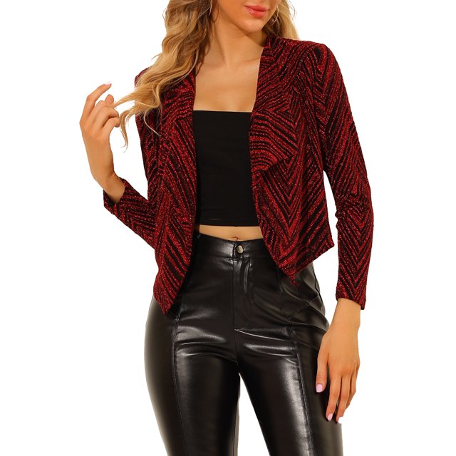 INSPIRE CHIC Women's Sparkle Long Sleeve Draped Collar Cropped Cardigan XL Red