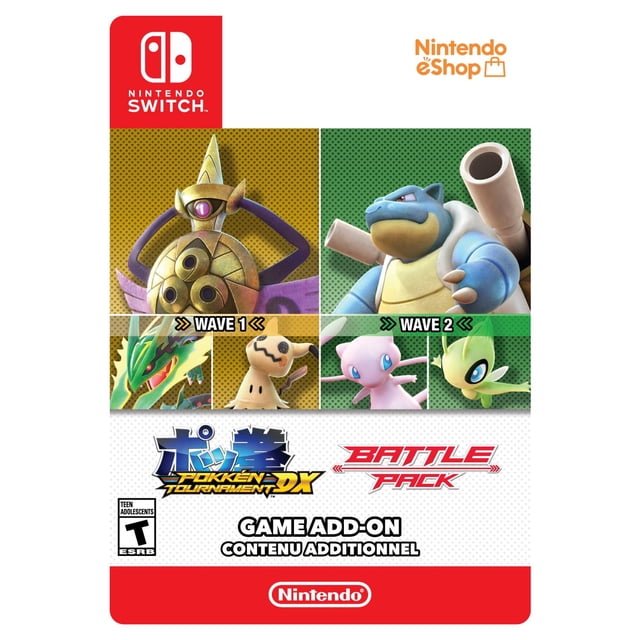 Pokkén Tournament DX Battle Pack DLC Nintendo Switch Couverture de Téléchargement Numérique Montrant la Vague 1 avec Battle Pokémon Aegislash et Compatible avec Pokémon Mega Rayquaza et Mimikyu, et la Vague 2 avec Battle Pokémon Blastoise plus Compatible avec Pokémon Mew et Celebi sur Arrière-Plans Jaunes et Verts, avec Nintendo Switch et Nintendo eShop logos.
