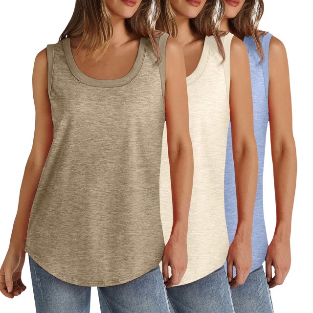 Plebaso Lot de 3 Débardeurs pour Femmes Décontractés d'Été Sans Manches Amples Col Rond T-Shirts Basiques pour Dames
