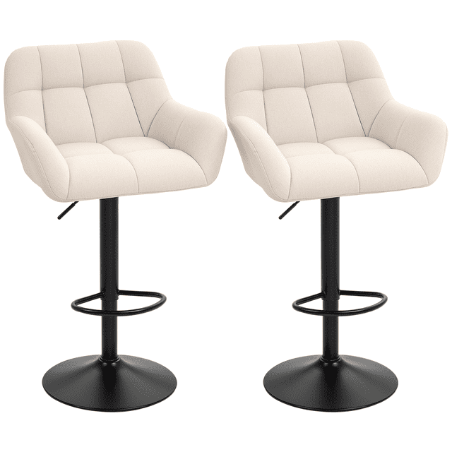 HOMCOM Adjustable Bar Stools Set of 2, modern cream white tufted fabric seats with padded backs and 360-degree swivel functionality. Black powder-coated steel bases include footrests and non-slip rubber pads. Adjustable height ideal for kitchen islands, counters, or bars.