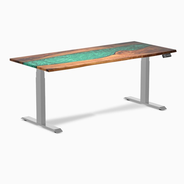 Desky Bureau Assis-Debout en Bois Dur à Double Résine - Noyer Naturel Rivière Émeraude / 72 x 30 Pouces / Gris