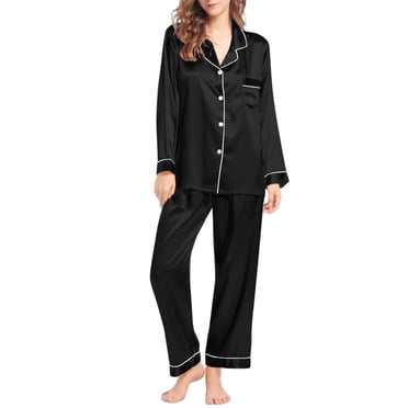 Liquidation! Hontri Ensembles de Pyjama pour Femmes 2 Pcs Pyjamas pour Femmes Effet Soie Ensemble à Manches Longues Deux Tenues de Nuit Chemise Boutonnée Vêtements de Détente Ensembles Vêtements de Détente Ensemble de Pyjama Noir,5TG