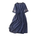 thumbnail image 3 of Sentmoon Robe en Lin pour Femmes à Col Rond à Manches Courtes Robes Bohèmes pour Femmes Broderie Coupe Ample à Lacets Été Grande Taille Robe de Plage Décontractée Articles de Plage pour L'Été et les Vacances L, 3 of 9