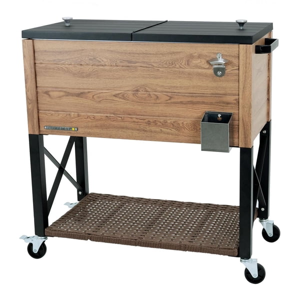 Permasteel - 80 Qt Outdoor Rustic Wood Grain Patio Cooler w/Wicker Shelf