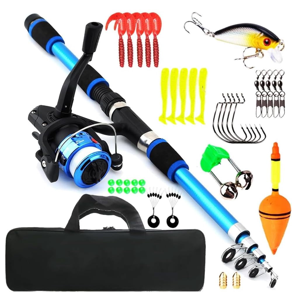1.8m Carbon Fiber Telescopic Travel Fishing Rod and Reel Combo Set with 100m Line, Hard/Soft Baits, Hooks, Float, Bait Box & Storage Bag - Portable Freshwater/Saltwater Fishing Gear for Adults, Blue,