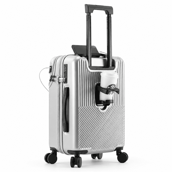 Halicool Valise Cabine 20 Pouces, Valise Cabine à Poche avant avec Support pour Téléphone et Porte-Gobelet, Valise Rigide avec Double Cadenas TSA, Port USB (Gris)