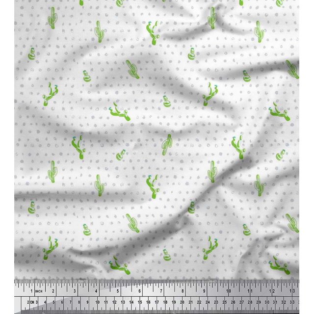 Soimoi Modal Satin Fabric Brush Stroke & Cactus Tree Printed Fabric 1 Yard 42 Inch Wide