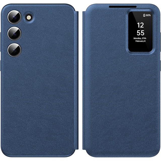 MYKOMI for Samsung Galaxy S23 S-View Wallet Phone Case with smart small screen view window for date and time display, protective cover made of durable PU leather and PC shell, precise cutouts, and a card slot interlayer for convenience.