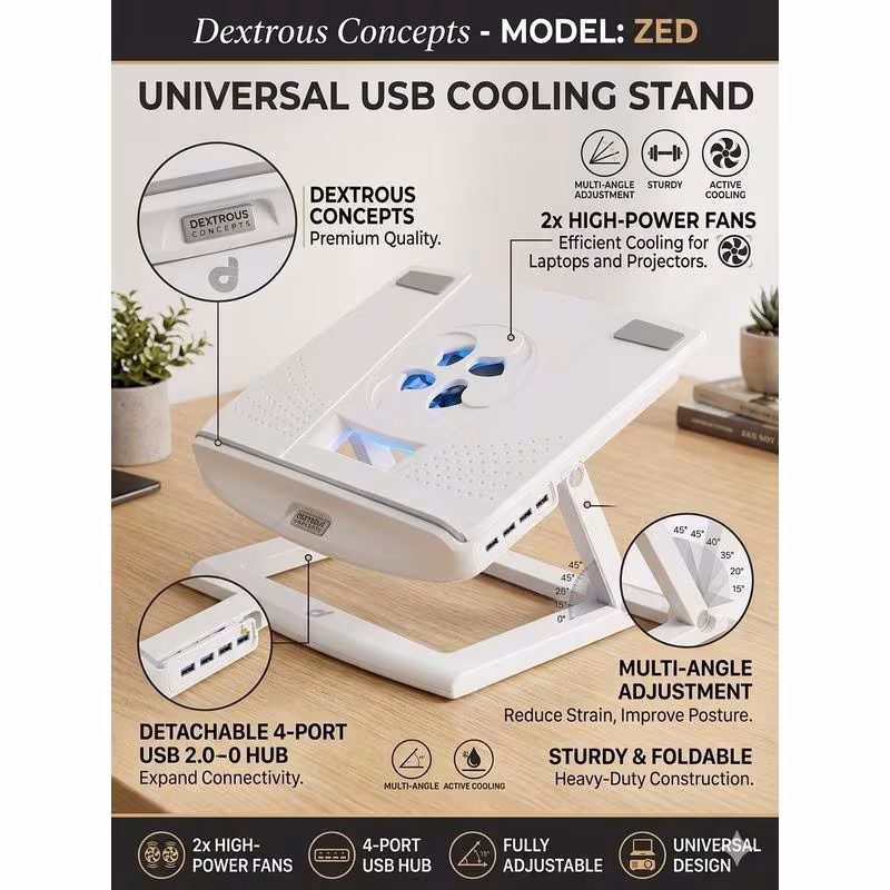 thumbnail image 2 of Universal Laptop & Tablet Cooling Stand – Ergonomic Height Adjustable Riser with 4-Port Detachable USB Hub & Ultra-Silent 2400RPM Fan – Compatible with 13-15" Devices (White), 2 of 3