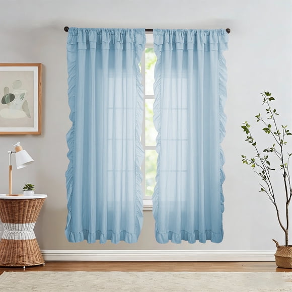 Sheer Ruffle-Trimmed Curtains for Living Room Decor, Light Filtering Window Panels