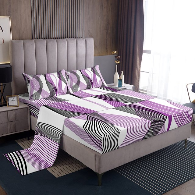 Erosebridal Chic Geometric Sheet Set Queen, Purple Stripes Bedding Sets Queen Size, Abstract Decor 4 Pieces