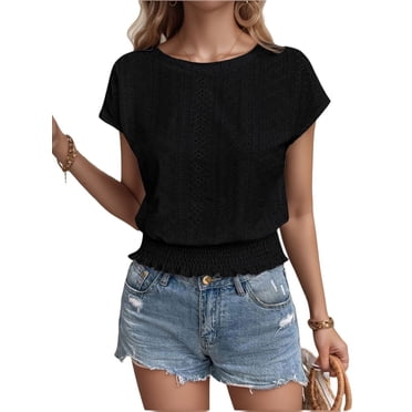 Womens Tops Short Sleeve Shirts Blouses for Women Dressy Casual Cap Sleeve Tops with Smocked Hem Black M