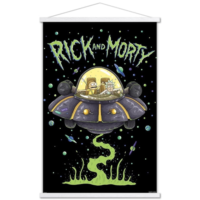 Rick And Morty - Affiche Murale de Navire, 22,375 Pouces x 34 Pouces Représentant des Personnages Animés Rick And Morty à l'Intérieur d'Un Vaisseau Spatial Gris et Jaune avec un Dôme transparent, Volant dans l'Espace parmi des Planètes Colorées avec de la Fumée d'Alien Verte en Dessous, Imprimée sur Papier d'Affiche Lustré avec un Cadre Suspendu Blanc, Convient pour Décorer des Chambres, des Bureaux Ou des Résidences Étudiantes.