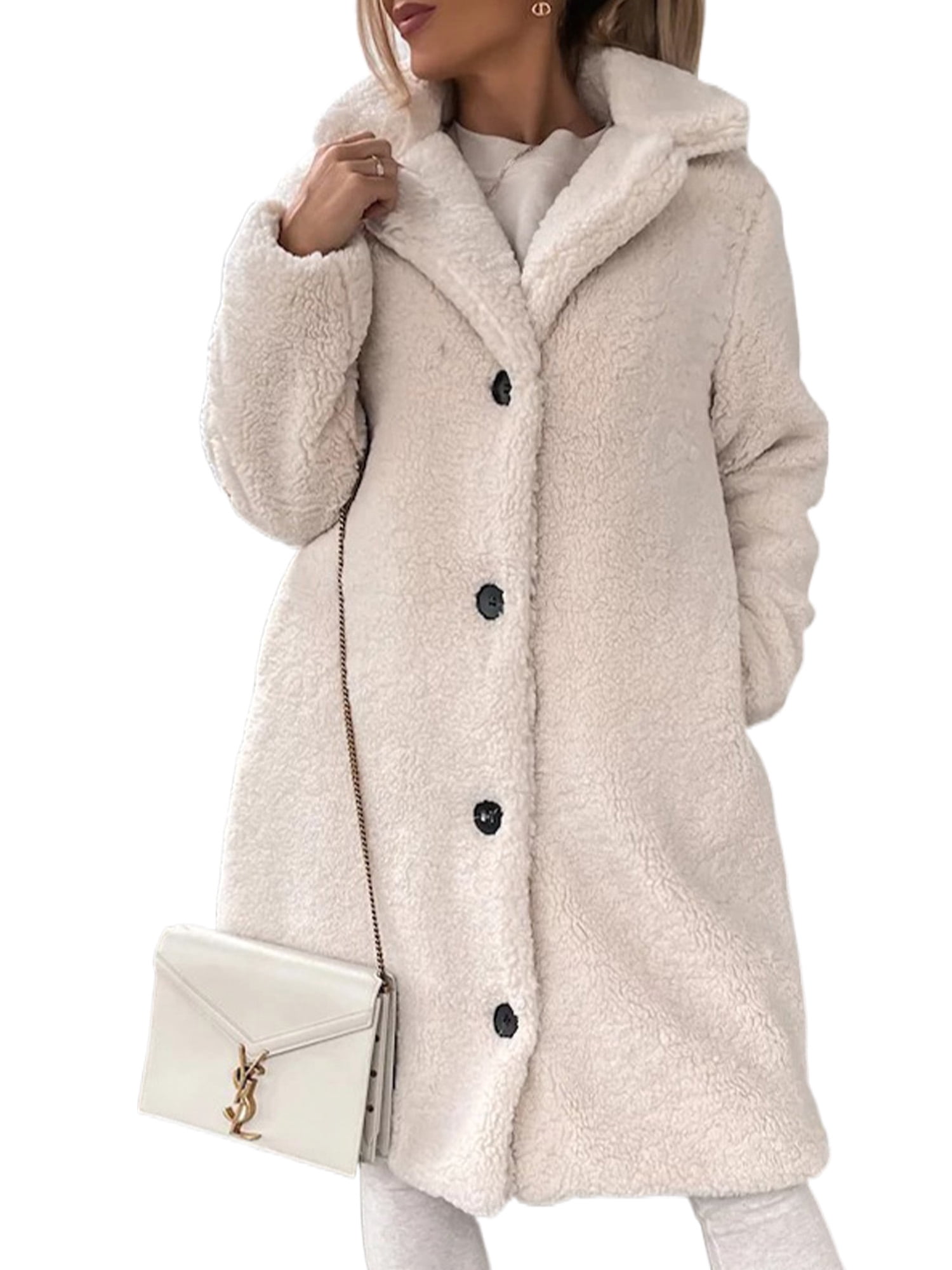 LUXUR Ladies Button Down Plush Overcoats Single Breasted Travel Sherpa Jacket Apricot L