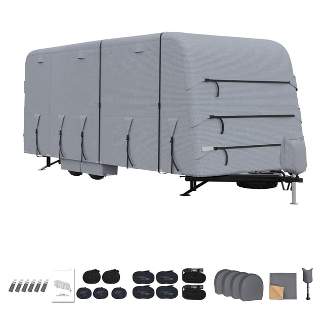 QinaQin Heavy-Duty Rv Cover, Suitable for Travel Trailers, Four-Layer Waterproof Campervan Cover, Rv Roof Cover with Uv Protection, All-Weather Windproof Travel Trailer Cover and Trailer Cover Set