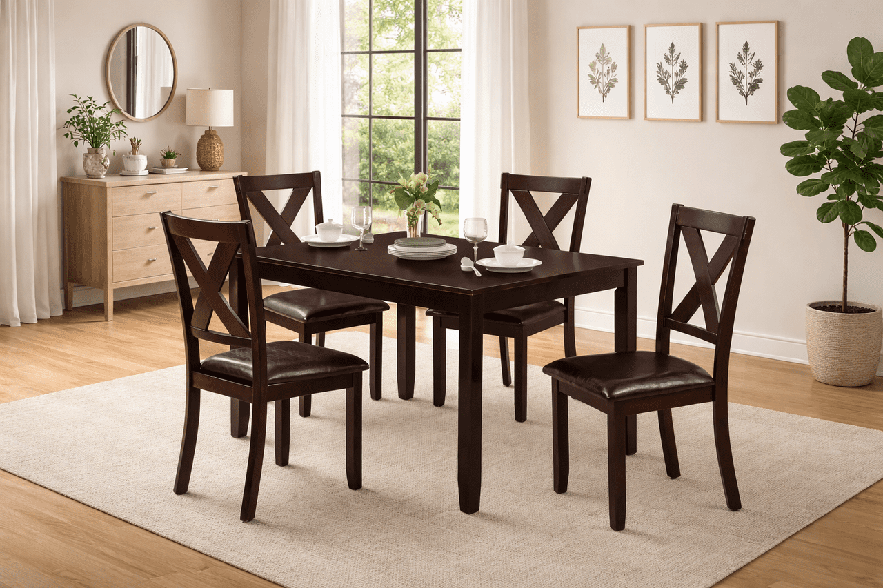 K-Living 5-Piece Solid Wood Dining Table Set in Espresso (Table & 4 Chairs)