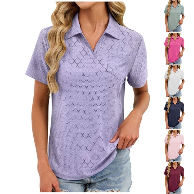 Pisexur Hauts pour Femmes Tendances Mode Chemises Col à Revers Col en V Manches Courtes Blouse Chic Décontractée Tunique Hauts Violet,G