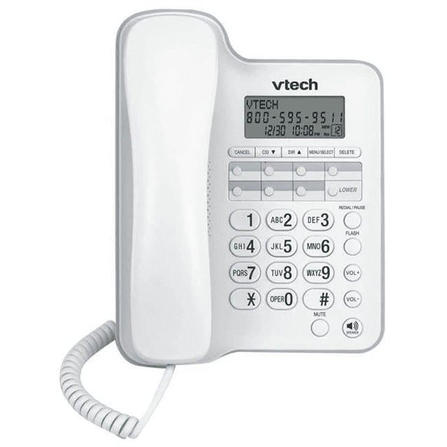 Vtech Corded Speakerphone with Caller ID & Call Display (Model: CD1153) in white. Features a compact design with a built-in speakerphone for hands-free conversations, a large Caller ID display for easy visibility, and digital audio clarity for distortion-free calls. Includes call waiting support, last number redial, and a reliable corded connection. Ideal for home offices, elderly users, and busy households.