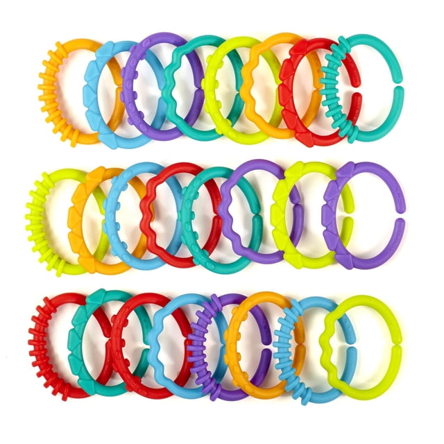 Bright Starts Lots of Links Anneaux de Dentition pour Bébé aux Couleurs Vibrantes et aux designs Texturés Variés, Arrangés en Trois Rangées sur un Fond Blanc, en Plastique Sans BPA pour Fixer des Jouets aux Aires de Jeu et Apaiser les Nourrissons pendant la Dentition.