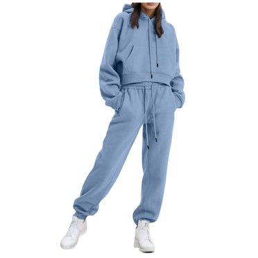 TJAZFJPA Ensemble Sexy 2 Pcs pour Femmes Ensemble Doublé Couleur Unie Sweat à Capuche et Pantalon Manches Longues pour Automne et Hiver (2 Pcs) Tenue Disco Bleue pour Femmes