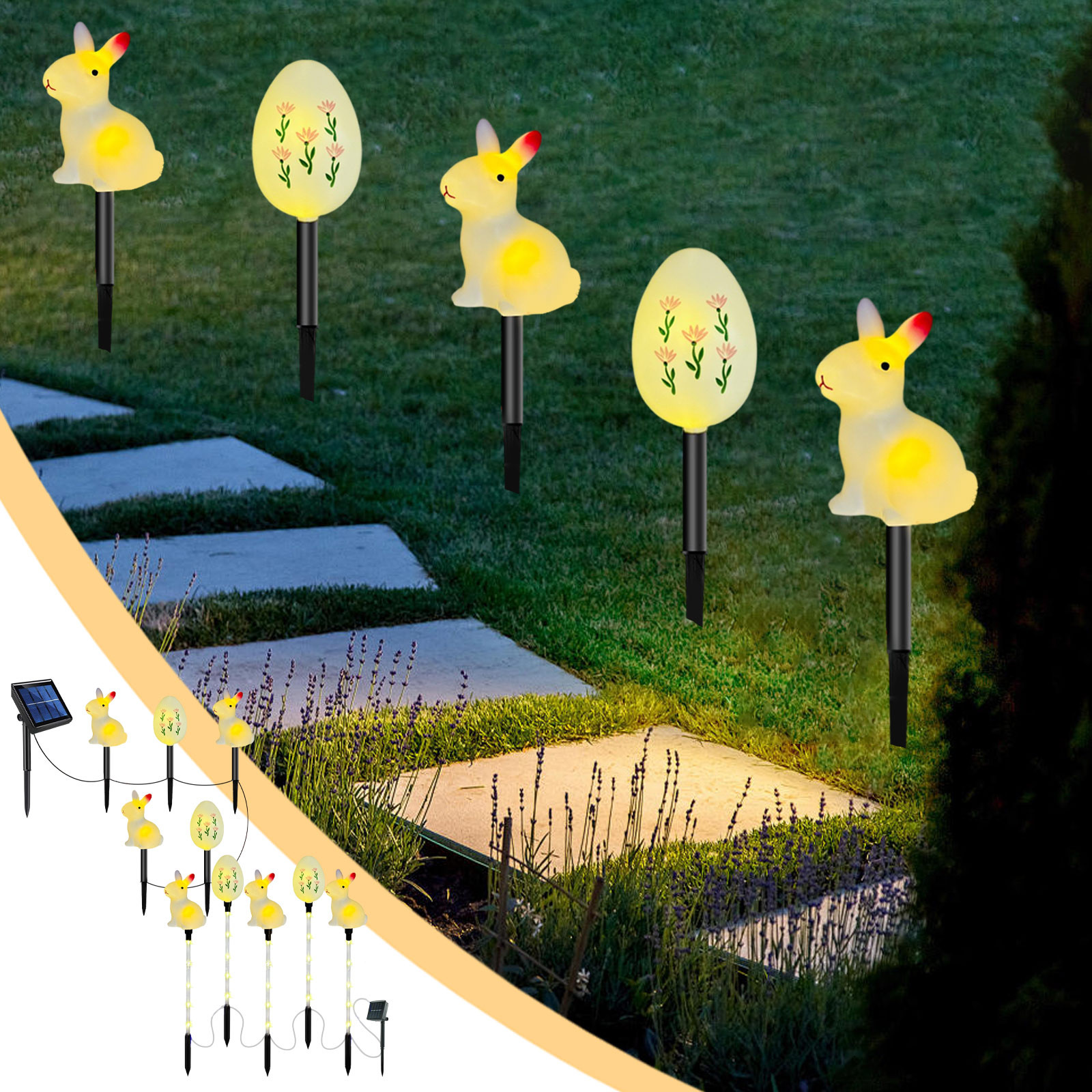 Uscallm 2Pcs Easter Solar Lights Outdoor Garden Yard Decoration Classic Bunny Eggs Elementals Solar Ground Lights Holiday LED Lights One Tow Five