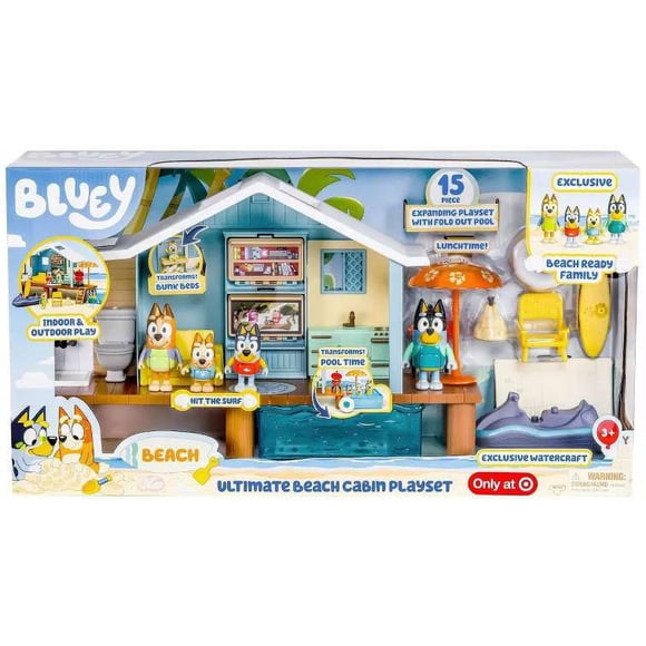 Bluey Moose Toys Family & Friends Ultimate Beach Cabin Playset with Exclusive Watercraft - Includes 15 Play Pieces and 1 Sticker Sheet