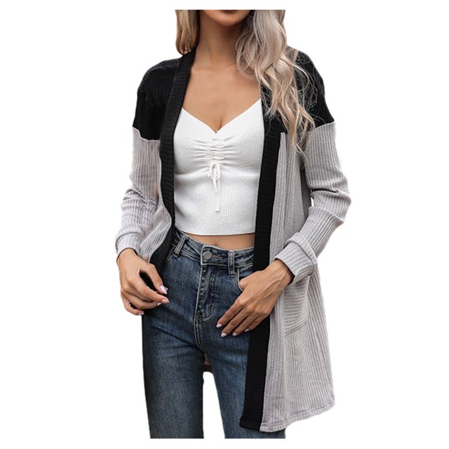 Ladies Stitched V-Neck Loose-Knit Cardigan Sweater With Long Sleeves