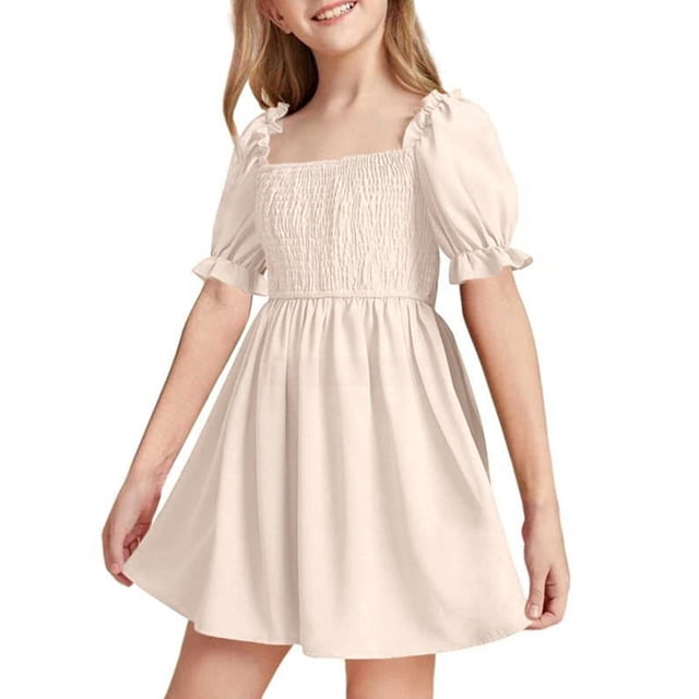 Robe Petite Fille à Manches Bouffantes, Robes d'Été, Robe Évasée à Étages en Ligne A, Robe Smockée, Robes de Bal pour Filles