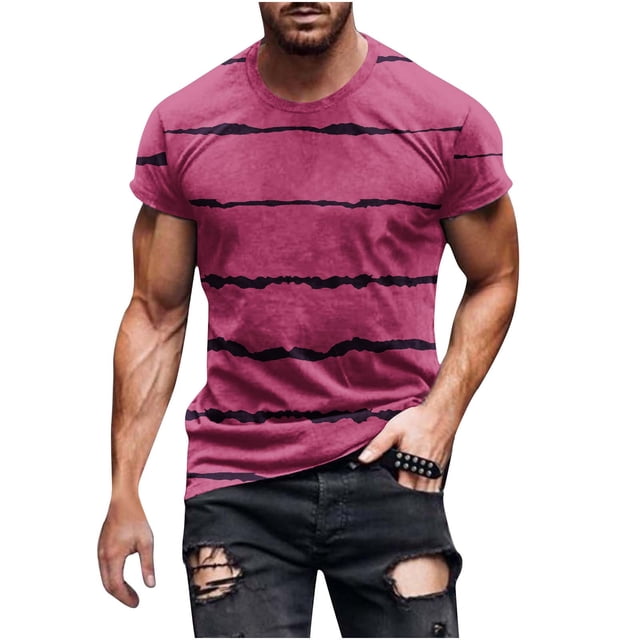 Penkiiy T-Shirt Homme Décontracté Col Rond Rayé Imprimé Chandail Entraînement Physique Manches Courtes Blouse L Vin