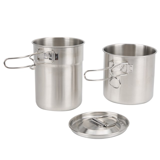 Camp Cook Set, Camp Cooking Pot 2Pcs Camping Cookware Foldable, featuring two stainless steel water cups with folding handles, a lid with a vent design, and a storage bag. The set includes a 700ml and a 1000ml cup, suitable for outdoor cooking, coffee making, and boiling water. Ideal for camping, hiking, and picnics.