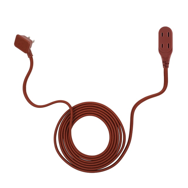 Globe Electric 9-ft 16/2 terracotta fabric extension cord with three polarized outlets and a right-angle plug for space-saving placement, featuring a durable woven fabric jacket and suitable for indoor electrical use, often used to extend power access behind furniture.
