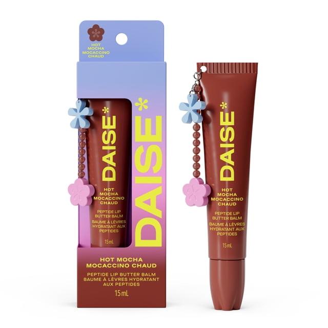 DAISE Peptide Lip Butter Balm in Hot Mocha, 15 ml, shown in a brown tube with yellow text and a blue and pink flower charm, alongside its purple-to-brown gradient box with bold yellow DAISÉ branding. This peptide-infused tinted lip balm hydrates, nourishes, and smooths lips with a subtle mocha scent.