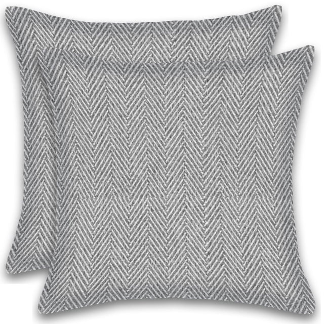 Herringbone Stripe Cotton Cushions Set of 2 Poly Filled With Zipper Machine Washable in grey, showing two square throw pillows with a textured herringbone stripe pattern on lightweight linen-feel cotton fabric, filled with breathable polyfill for comfort, featuring hidden zippers for easy machine washing and drying, often used as decorative and relaxing support in home décor.