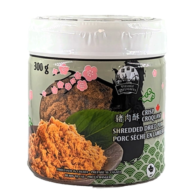 VILLAGE DELIGHT Porc Croustillant Râpé Pot de 300 g de Porc Séché en Conserve avec Étiquette de Feuille Verte et Florale Rose, Prêt à Manger et Idéal pour des sandwiches, du Riz Ou des Repas au Garde-Manger.