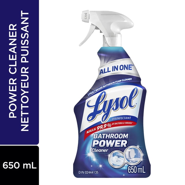 Lysol® Bathroom Power Cleaner, All in One disinfectant foam cleaner in a 650 mL blue and white spray bottle with trigger nozzle, kills 99.9% of bacteria and viruses including COVID-19, removes soap scum, hard water stains, and bathroom grime without bleach or dyes.