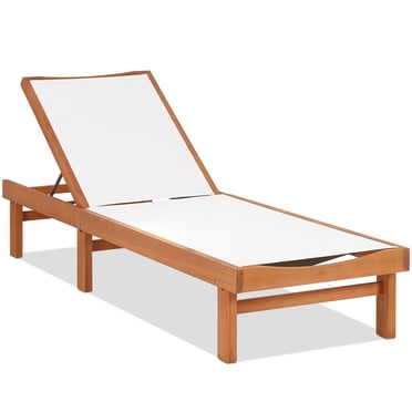Topbuy Chaise Longue d'Extérieur, Fauteuil Inclinable en Bois d'Eucalyptus avec Dossier à 5 Niveaux, Tissu d'Assise Respirant et à Séchage Rapide