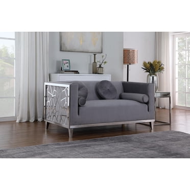 K-Living Darlene Grey Plush Velvet Loveseat With Chrome Stainless Steel Detailing on Arm Sides