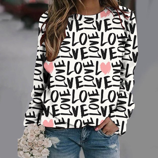 Qertyioot Chandail de la Saint-Valentin pour Femmes, Blouse à Manches Longues Imprimée Col Rond Tunique Décontractée
